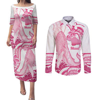 Aloha Hawaii Maui Couples Matching Puletasi and Long Sleeve Button Shirt Valley Isle Humpback Whale White