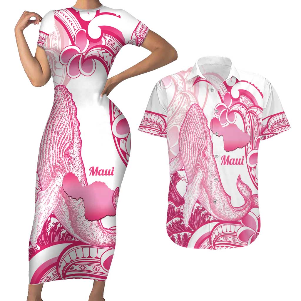 Aloha Hawaii Maui Couples Matching Short Sleeve Bodycon Dress and Hawaiian Shirt Valley Isle Humpback Whale White LT14 White - Polynesian Pride