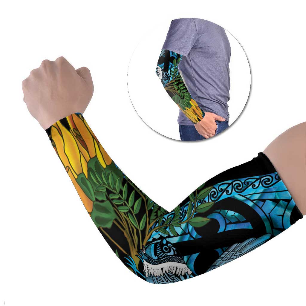Turquoise New Zealand Kowhai And Piwakawaka Arm Sleeves Maori Ngaru Paua Shell - Polynesian Pride