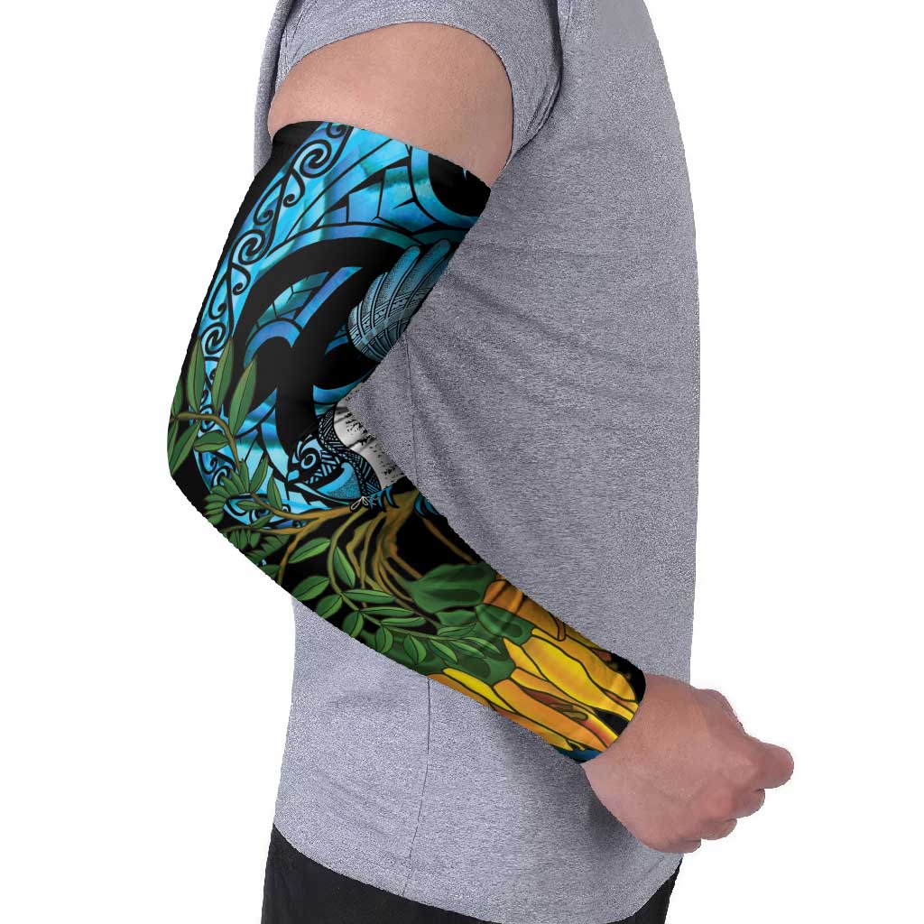 Turquoise New Zealand Kowhai And Piwakawaka Arm Sleeves Maori Ngaru Paua Shell - Polynesian Pride