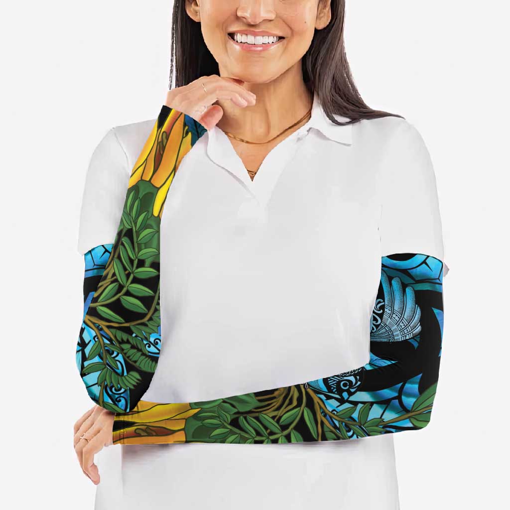 Turquoise New Zealand Kowhai And Piwakawaka Arm Sleeves Maori Ngaru Paua Shell - Polynesian Pride