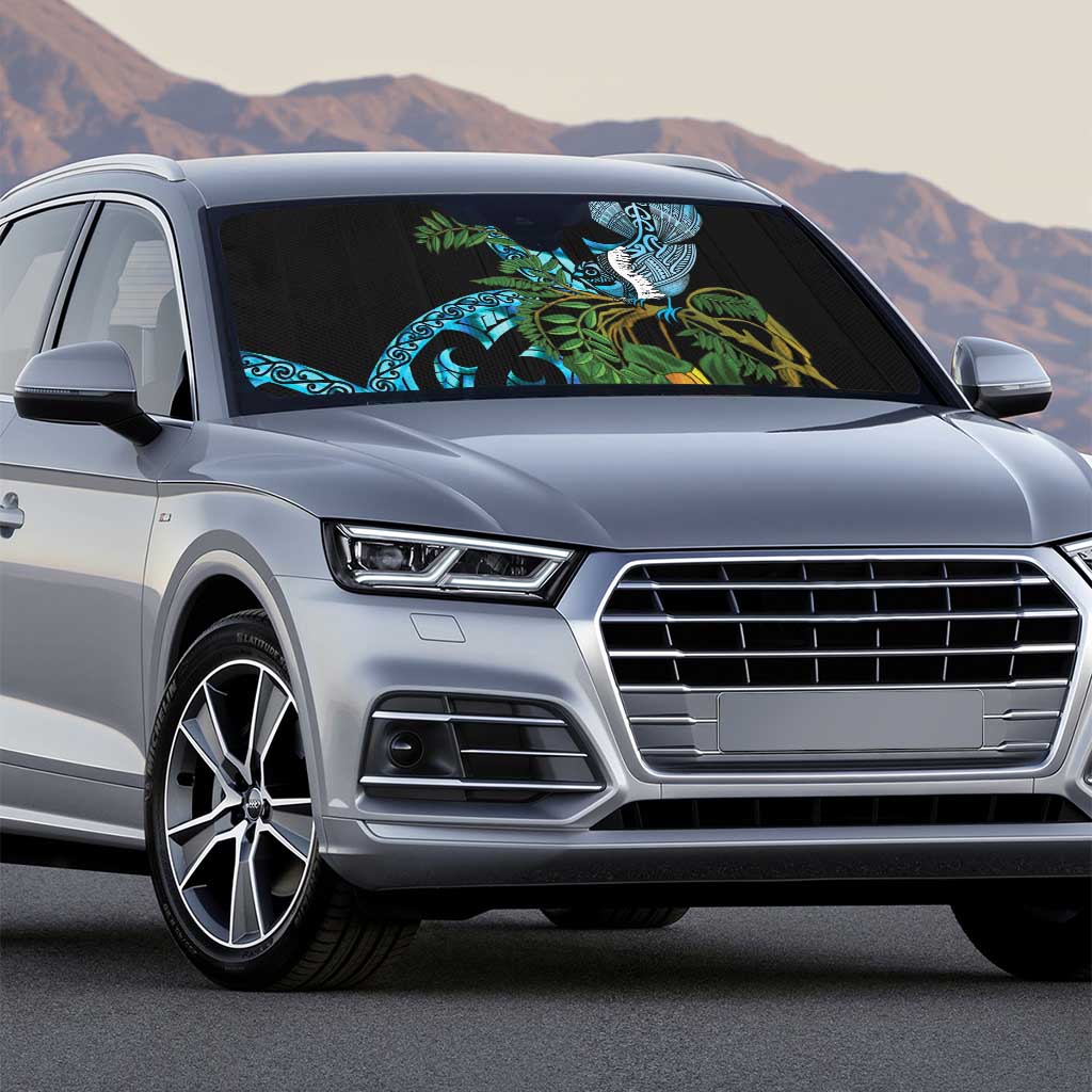 Turquoise New Zealand Kowhai And Piwakawaka Auto Sun Shade Maori Ngaru Paua Shell - Polynesian Pride