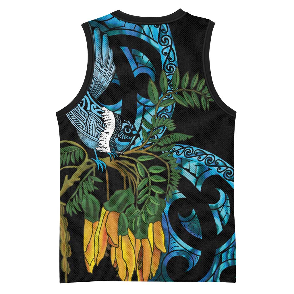 Turquoise New Zealand Kowhai And Piwakawaka Basketball Jersey Maori Ngaru Paua Shell - Polynesian Pride