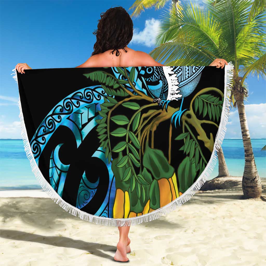 Turquoise New Zealand Kowhai And Piwakawaka Beach Blanket Maori Ngaru Paua Shell