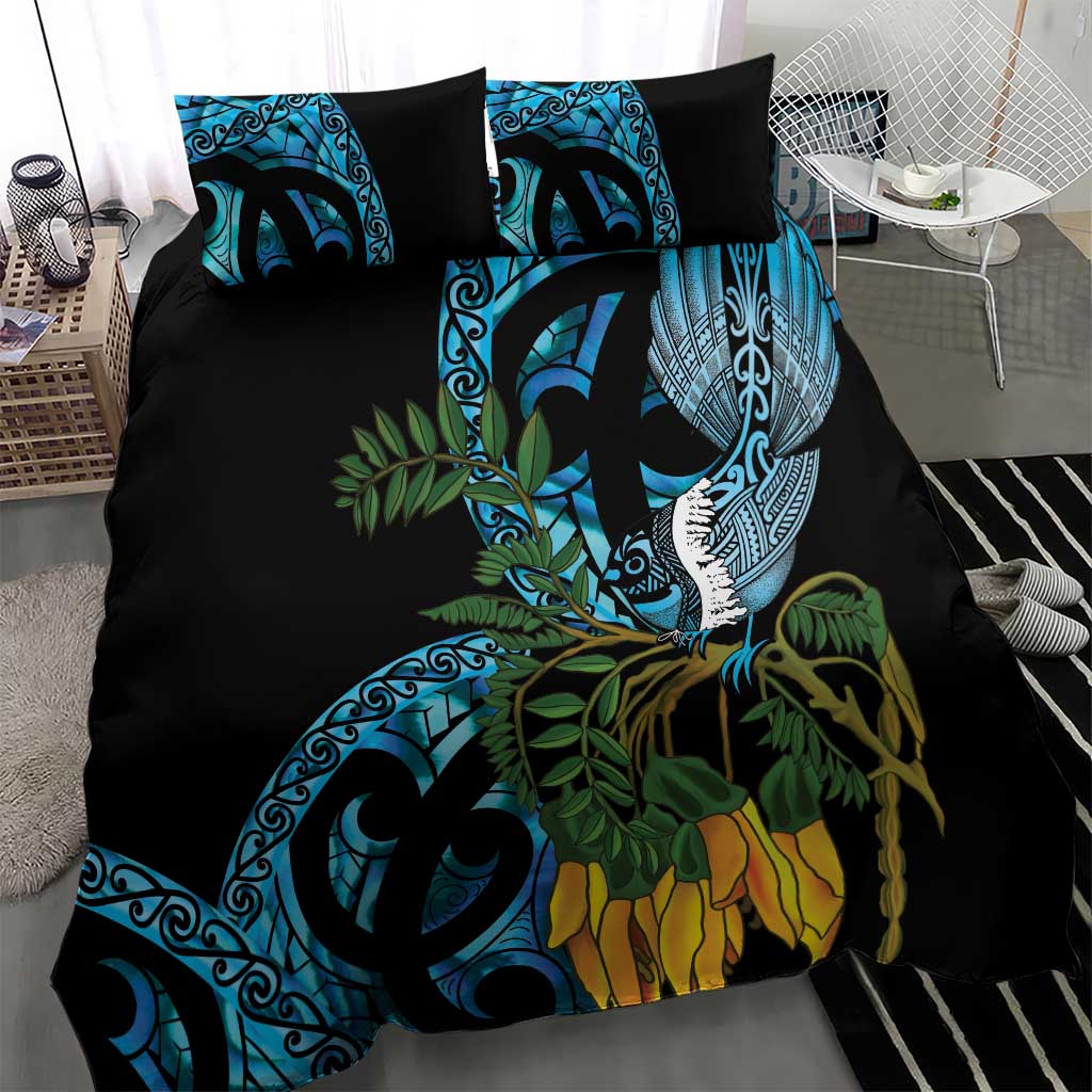 Turquoise New Zealand Kowhai And Piwakawaka Bedding Set Maori Ngaru Paua Shell LT14 - Polynesian Pride