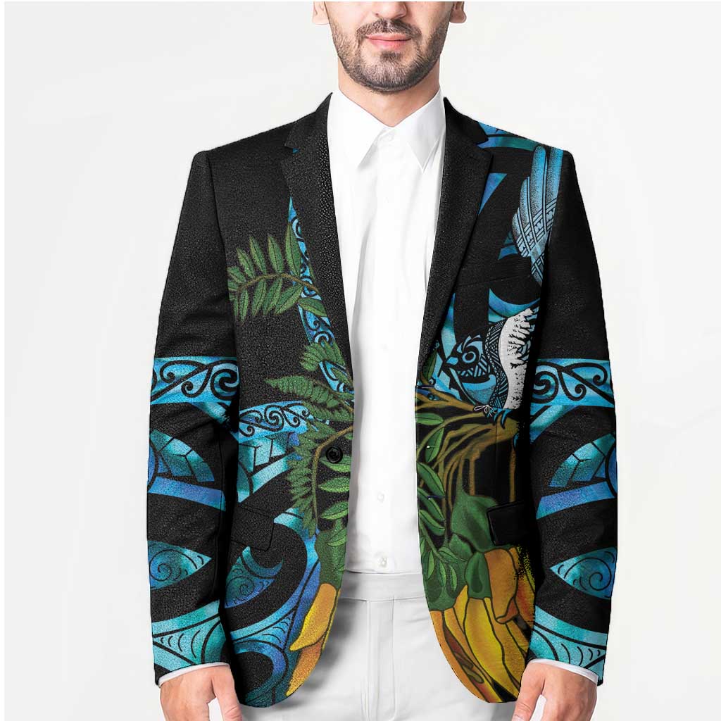 Turquoise New Zealand Kowhai And Piwakawaka Blazer Maori Ngaru Paua Shell - Polynesian Pride