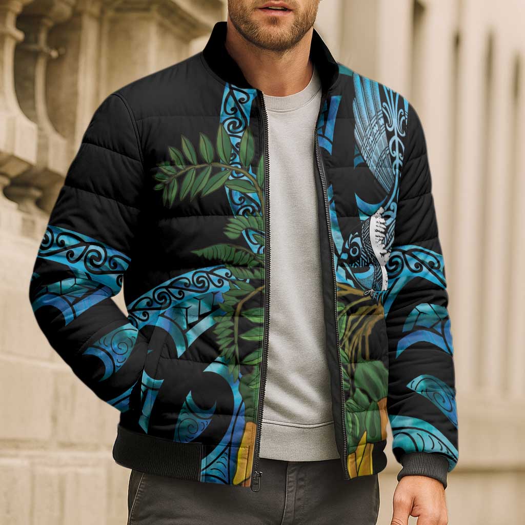 Turquoise New Zealand Kowhai And Piwakawaka Bomber Puffer Jacket Maori Ngaru Paua Shell - Polynesian Pride