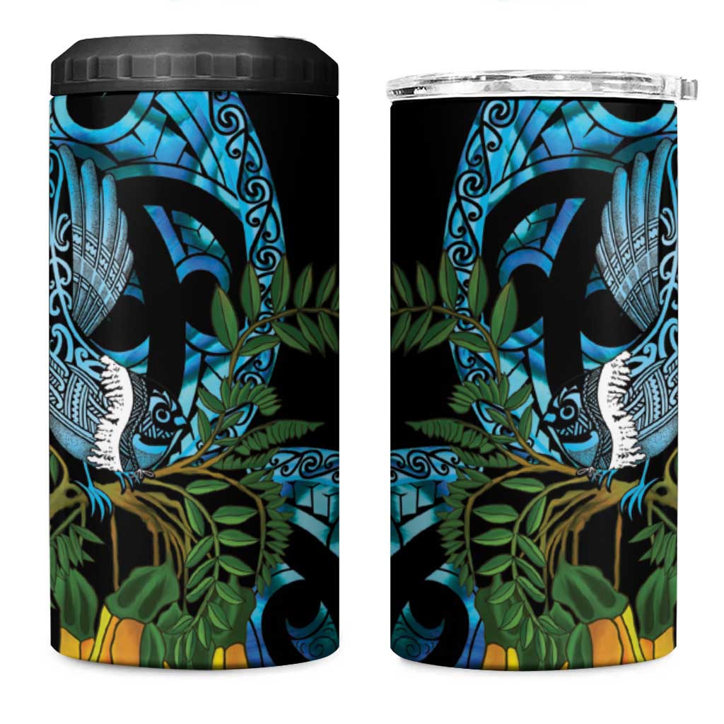 Turquoise New Zealand Kowhai And Piwakawaka 4 in 1 Can Cooler Tumbler Maori Ngaru Paua Shell