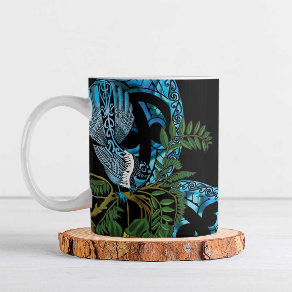 Turquoise New Zealand Kowhai And Piwakawaka Ceramic Mug Maori Ngaru Paua Shell - Polynesian Pride
