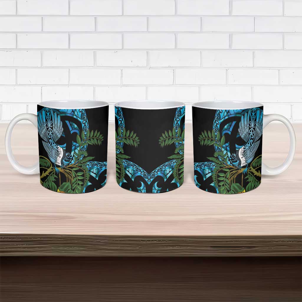 Turquoise New Zealand Kowhai And Piwakawaka Ceramic Mug Maori Ngaru Paua Shell - Polynesian Pride