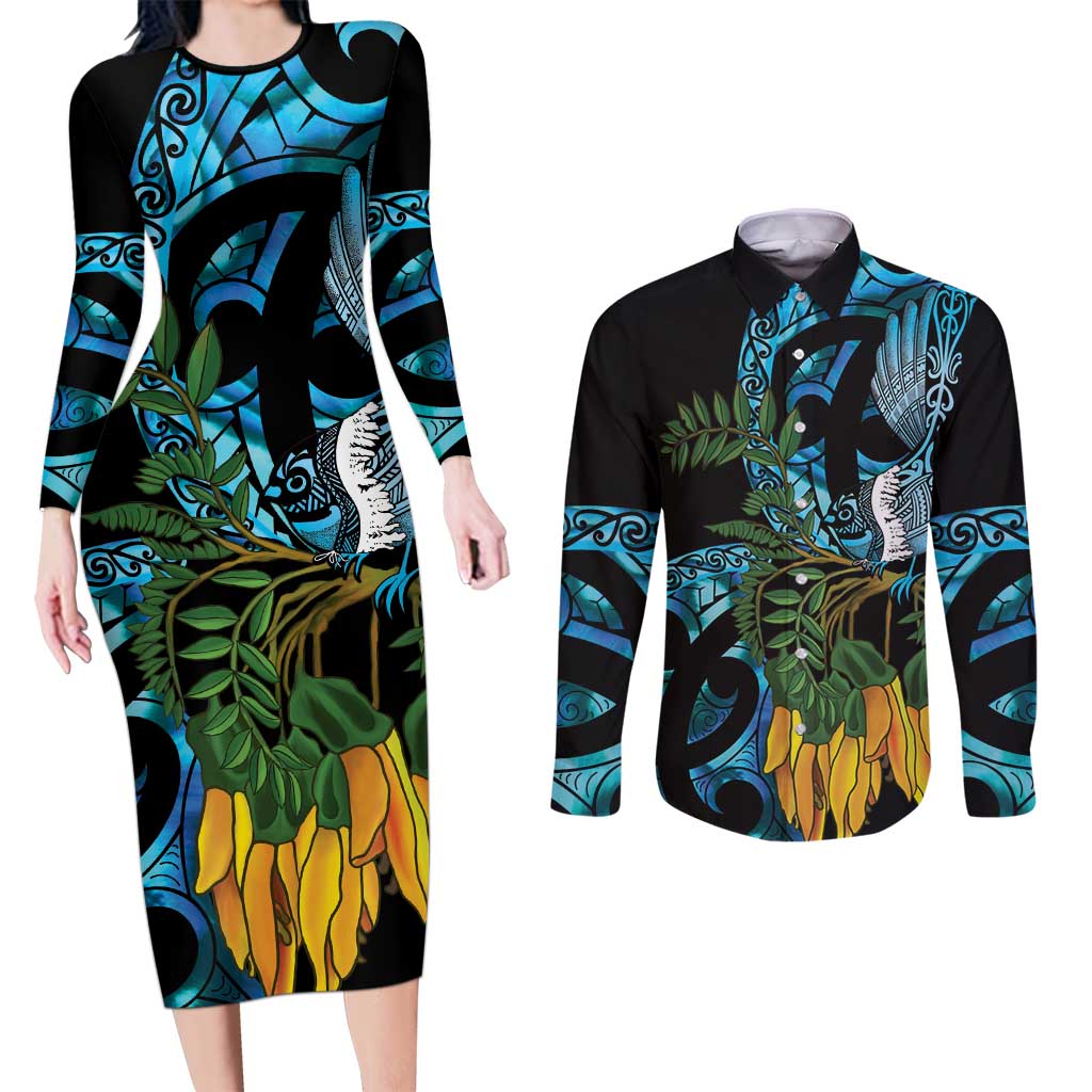 Turquoise New Zealand Kowhai And Piwakawaka Couples Matching Long Sleeve Bodycon Dress and Long Sleeve Button Shirt Maori Ngaru Paua Shell LT14 Turquoise - Polynesian Pride
