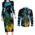 Turquoise New Zealand Kowhai And Piwakawaka Couples Matching Long Sleeve Bodycon Dress and Long Sleeve Button Shirt Maori Ngaru Paua Shell