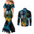 Turquoise New Zealand Kowhai And Piwakawaka Couples Matching Mermaid Dress and Long Sleeve Button Shirt Maori Ngaru Paua Shell