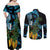 Turquoise New Zealand Kowhai And Piwakawaka Couples Matching Off Shoulder Maxi Dress and Long Sleeve Button Shirt Maori Ngaru Paua Shell