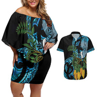 Turquoise New Zealand Kowhai And Piwakawaka Couples Matching Off Shoulder Short Dress and Hawaiian Shirt Maori Ngaru Paua Shell