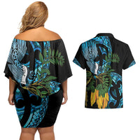 Turquoise New Zealand Kowhai And Piwakawaka Couples Matching Off Shoulder Short Dress and Hawaiian Shirt Maori Ngaru Paua Shell