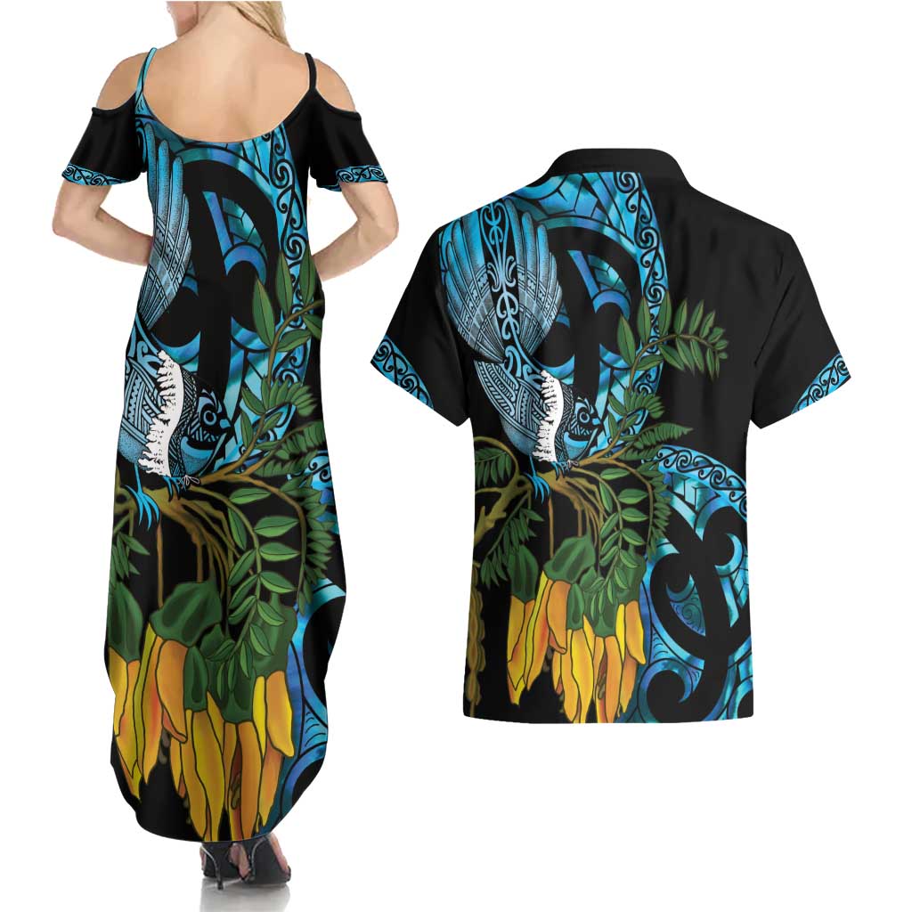 Turquoise New Zealand Kowhai And Piwakawaka Couples Matching Summer Maxi Dress and Hawaiian Shirt Maori Ngaru Paua Shell