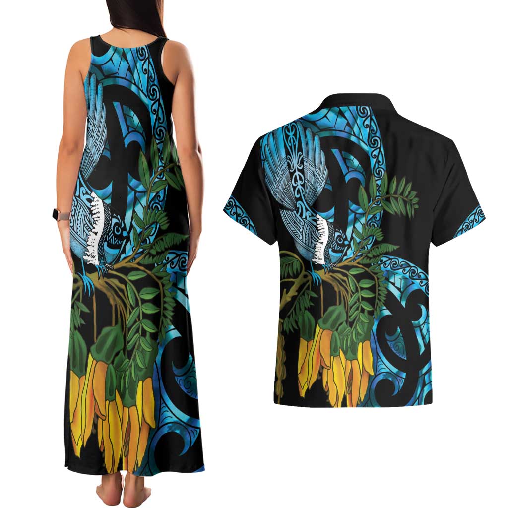 Turquoise New Zealand Kowhai And Piwakawaka Couples Matching Tank Maxi Dress and Hawaiian Shirt Maori Ngaru Paua Shell