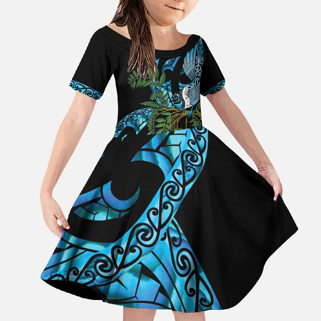 Turquoise New Zealand Kowhai And Piwakawaka Family Matching Mermaid Dress and Hawaiian Shirt Maori Ngaru Paua Shell LT14 Daughter's Dress Turquoise - Polynesian Pride