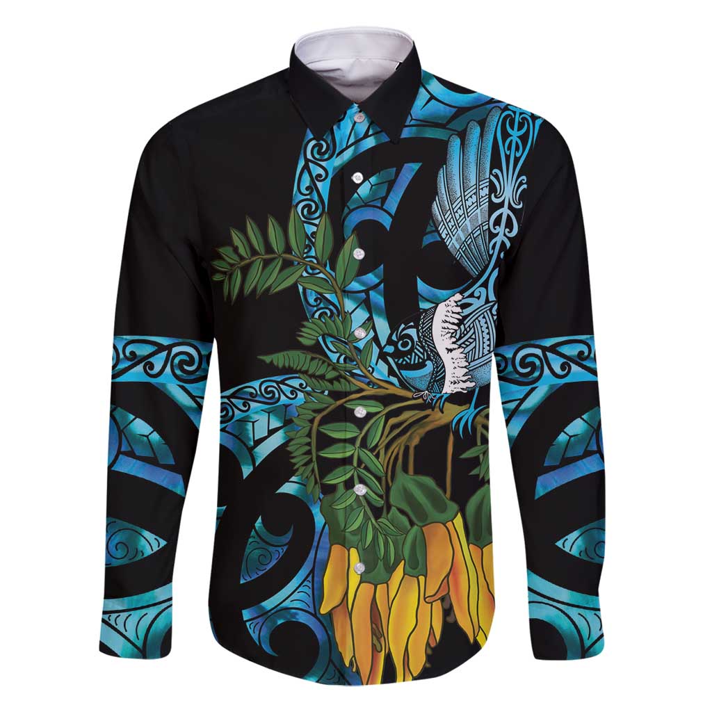 Turquoise New Zealand Kowhai And Piwakawaka Family Matching Mermaid Dress and Hawaiian Shirt Maori Ngaru Paua Shell LT14 Dad's Shirt - Long Sleeve Turquoise - Polynesian Pride