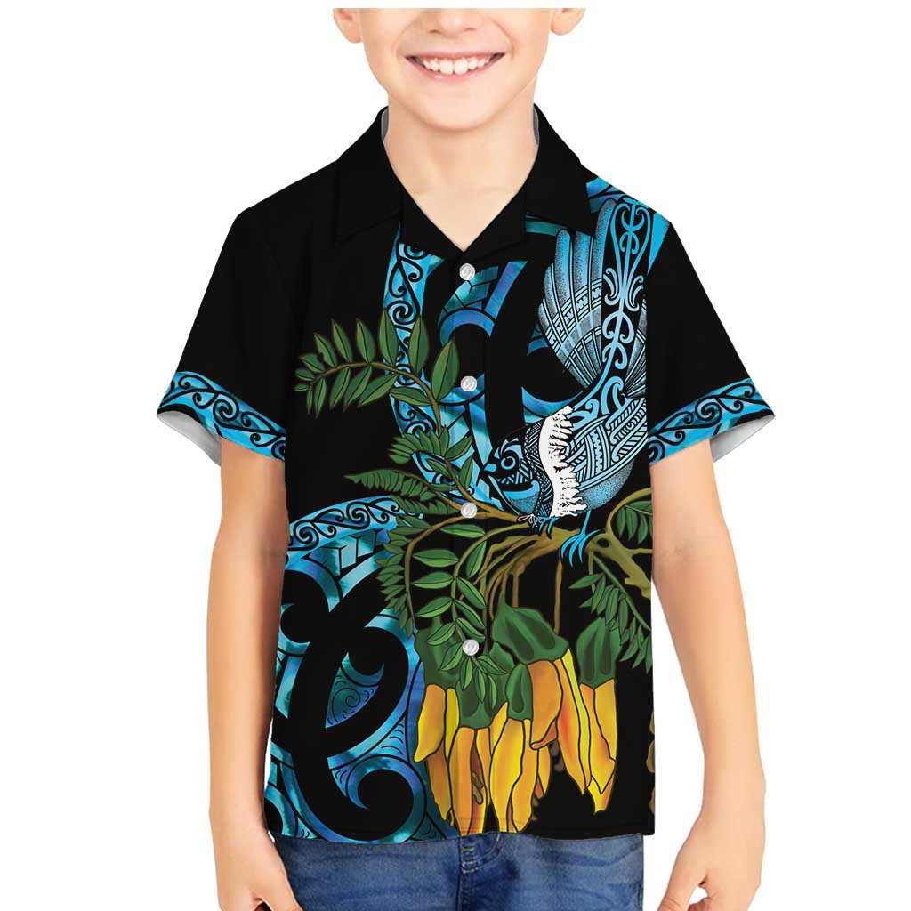 Turquoise New Zealand Kowhai And Piwakawaka Family Matching Mermaid Dress and Hawaiian Shirt Maori Ngaru Paua Shell LT14 Son's Shirt Turquoise - Polynesian Pride
