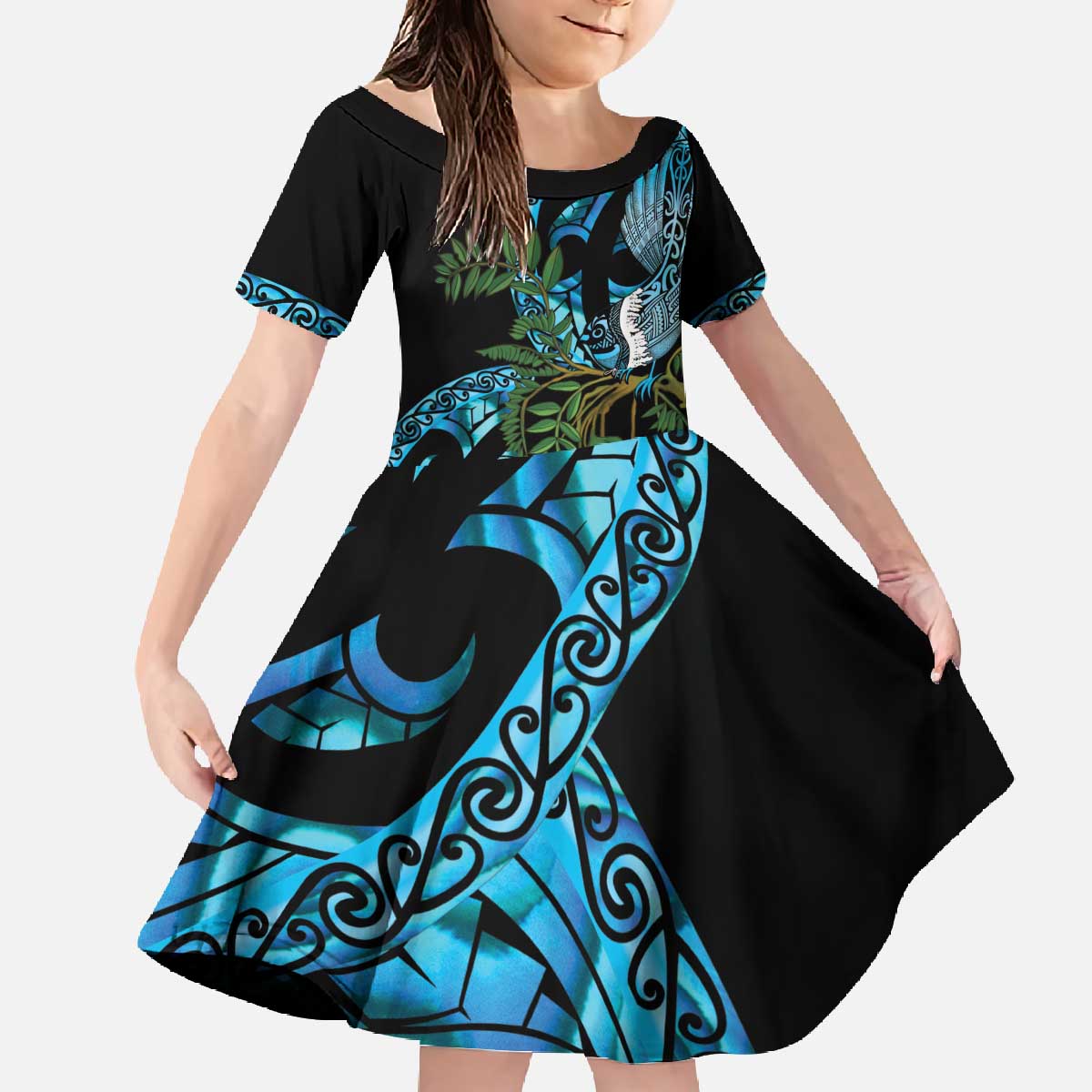 Turquoise New Zealand Kowhai And Piwakawaka Family Matching Off The Shoulder Long Sleeve Dress and Hawaiian Shirt Maori Ngaru Paua Shell