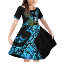Turquoise New Zealand Kowhai And Piwakawaka Family Matching Off Shoulder Short Dress and Hawaiian Shirt Maori Ngaru Paua Shell