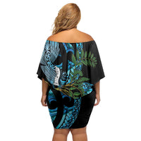 Turquoise New Zealand Kowhai And Piwakawaka Family Matching Off Shoulder Short Dress and Hawaiian Shirt Maori Ngaru Paua Shell
