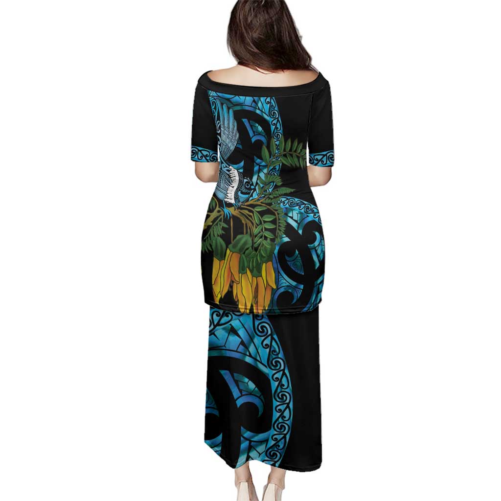 Turquoise New Zealand Kowhai And Piwakawaka Family Matching Puletasi and Hawaiian Shirt Maori Ngaru Paua Shell