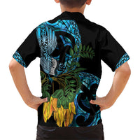 Turquoise New Zealand Kowhai And Piwakawaka Family Matching Short Sleeve Bodycon Dress and Hawaiian Shirt Maori Ngaru Paua Shell LT14 - Polynesian Pride