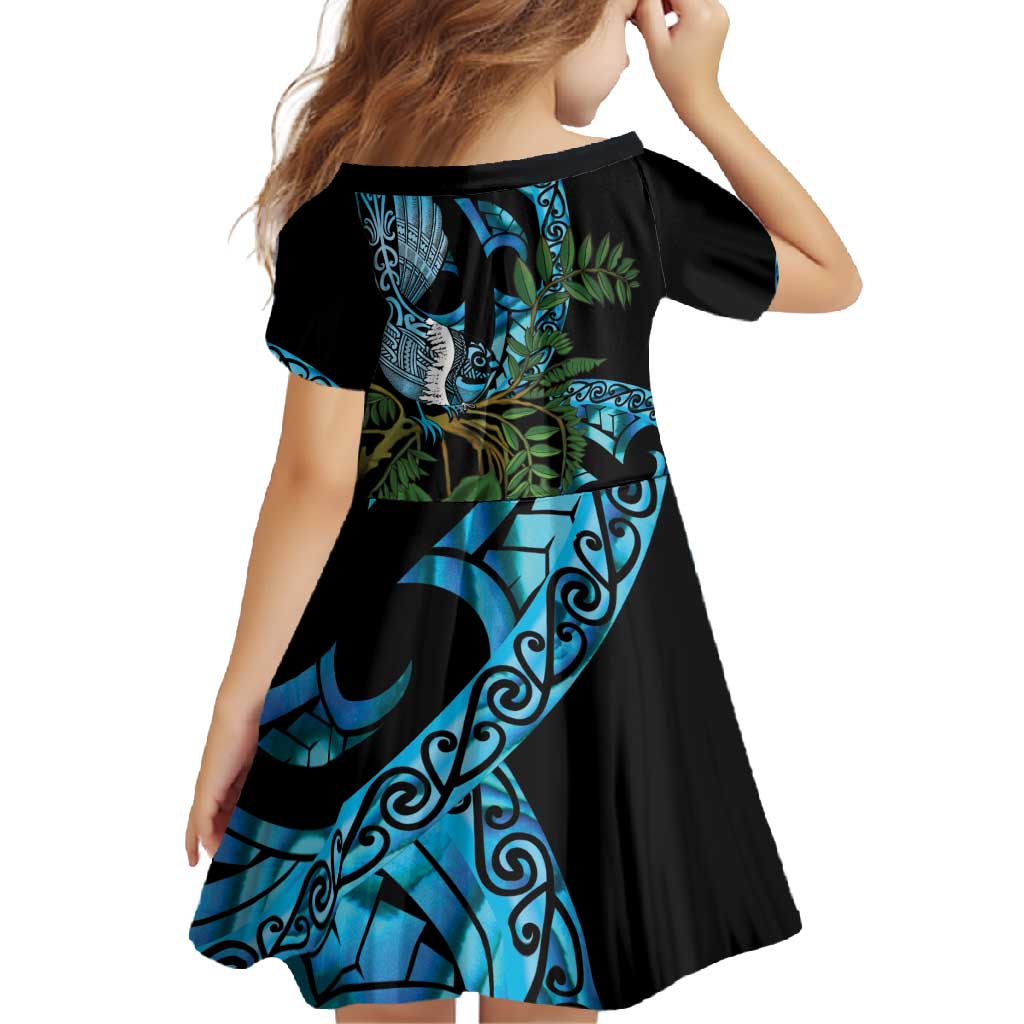 Turquoise New Zealand Kowhai And Piwakawaka Family Matching Short Sleeve Bodycon Dress and Hawaiian Shirt Maori Ngaru Paua Shell LT14 - Polynesian Pride