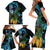 Turquoise New Zealand Kowhai And Piwakawaka Family Matching Short Sleeve Bodycon Dress and Hawaiian Shirt Maori Ngaru Paua Shell