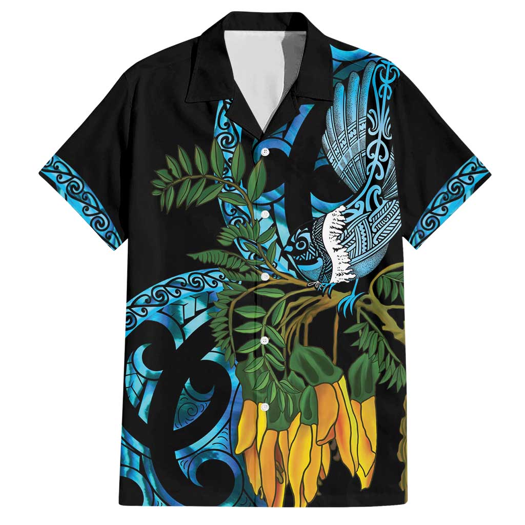 Turquoise New Zealand Kowhai And Piwakawaka Family Matching Short Sleeve Bodycon Dress and Hawaiian Shirt Maori Ngaru Paua Shell LT14 Dad's Shirt - Short Sleeve Turquoise - Polynesian Pride