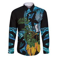 Turquoise New Zealand Kowhai And Piwakawaka Family Matching Short Sleeve Bodycon Dress and Hawaiian Shirt Maori Ngaru Paua Shell LT14 Dad's Shirt - Long Sleeve Turquoise - Polynesian Pride