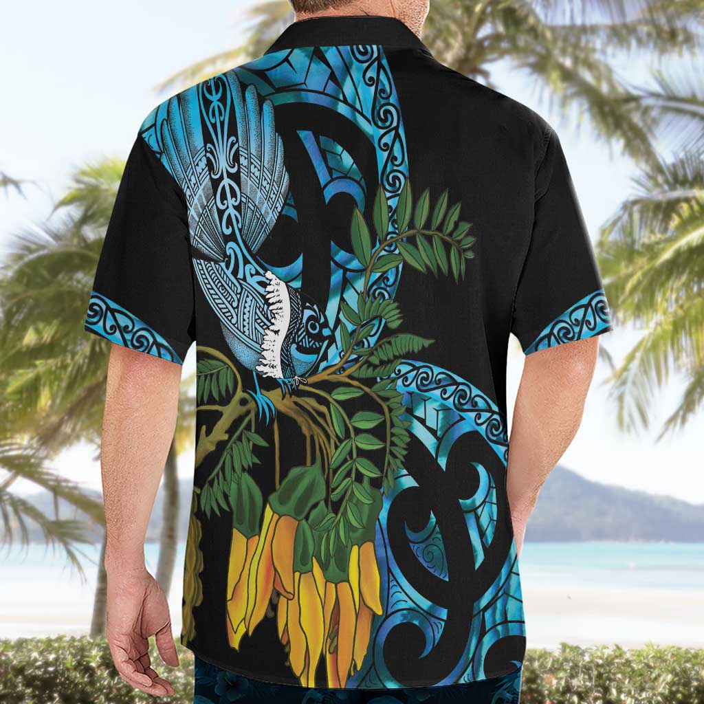 Turquoise New Zealand Kowhai And Piwakawaka Hawaiian Shirt Maori Ngaru Paua Shell