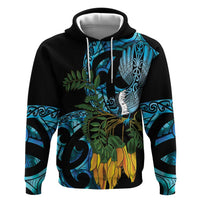 Turquoise New Zealand Kowhai And Piwakawaka Hoodie Maori Ngaru Paua Shell