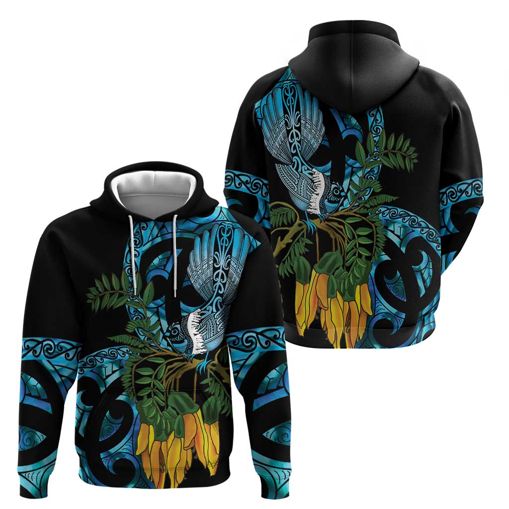 Turquoise New Zealand Kowhai And Piwakawaka Hoodie Maori Ngaru Paua Shell