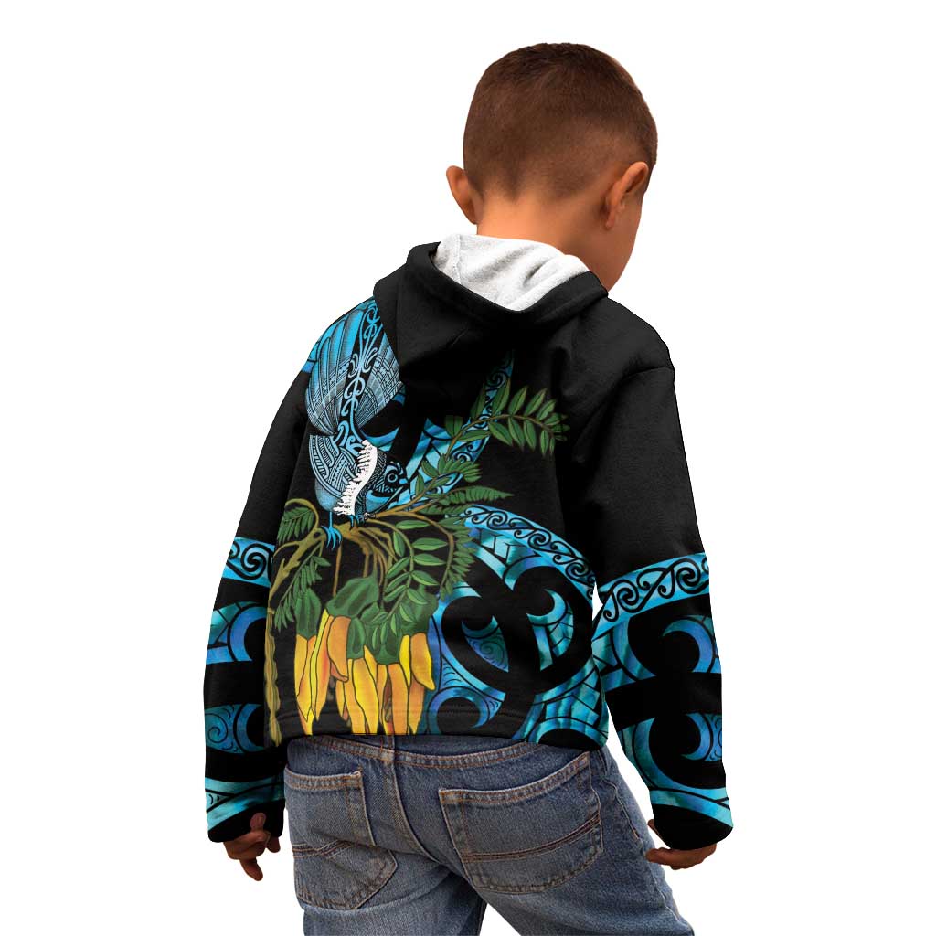 Turquoise New Zealand Kowhai And Piwakawaka Kid Hoodie Maori Ngaru Paua Shell