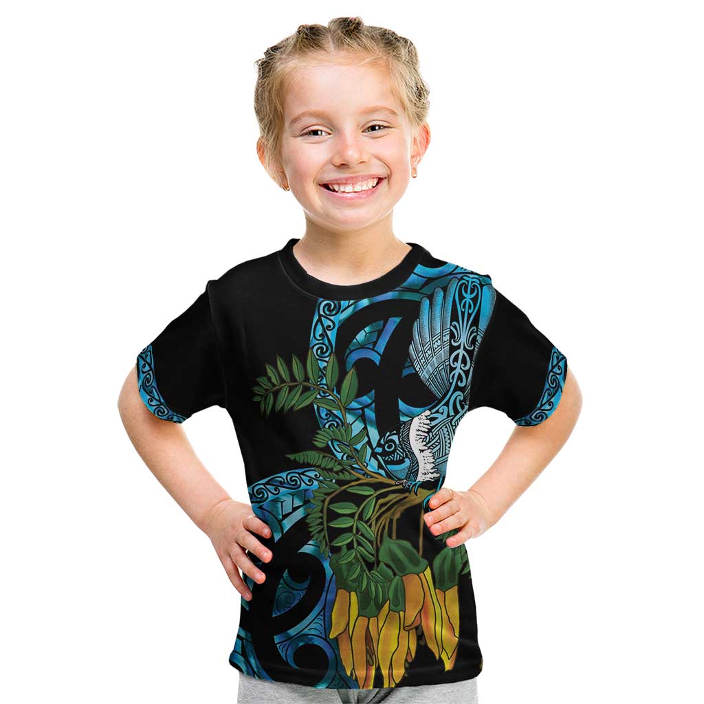 Turquoise New Zealand Kowhai And Piwakawaka Kid T Shirt Maori Ngaru Paua Shell