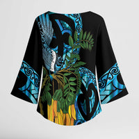 Turquoise New Zealand Kowhai And Piwakawaka Kimono Sleeve Blouse Maori Ngaru Paua Shell - Polynesian Pride