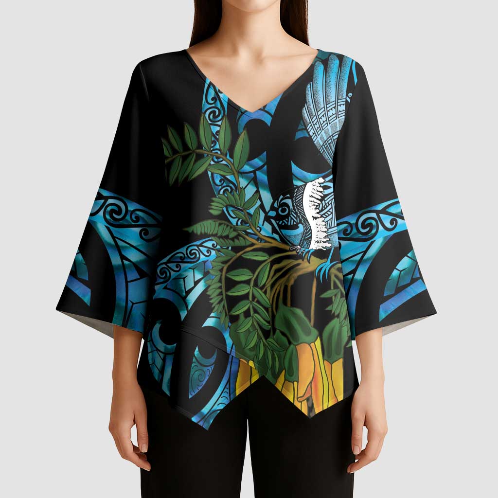 Turquoise New Zealand Kowhai And Piwakawaka Kimono Sleeve Blouse Maori Ngaru Paua Shell - Polynesian Pride
