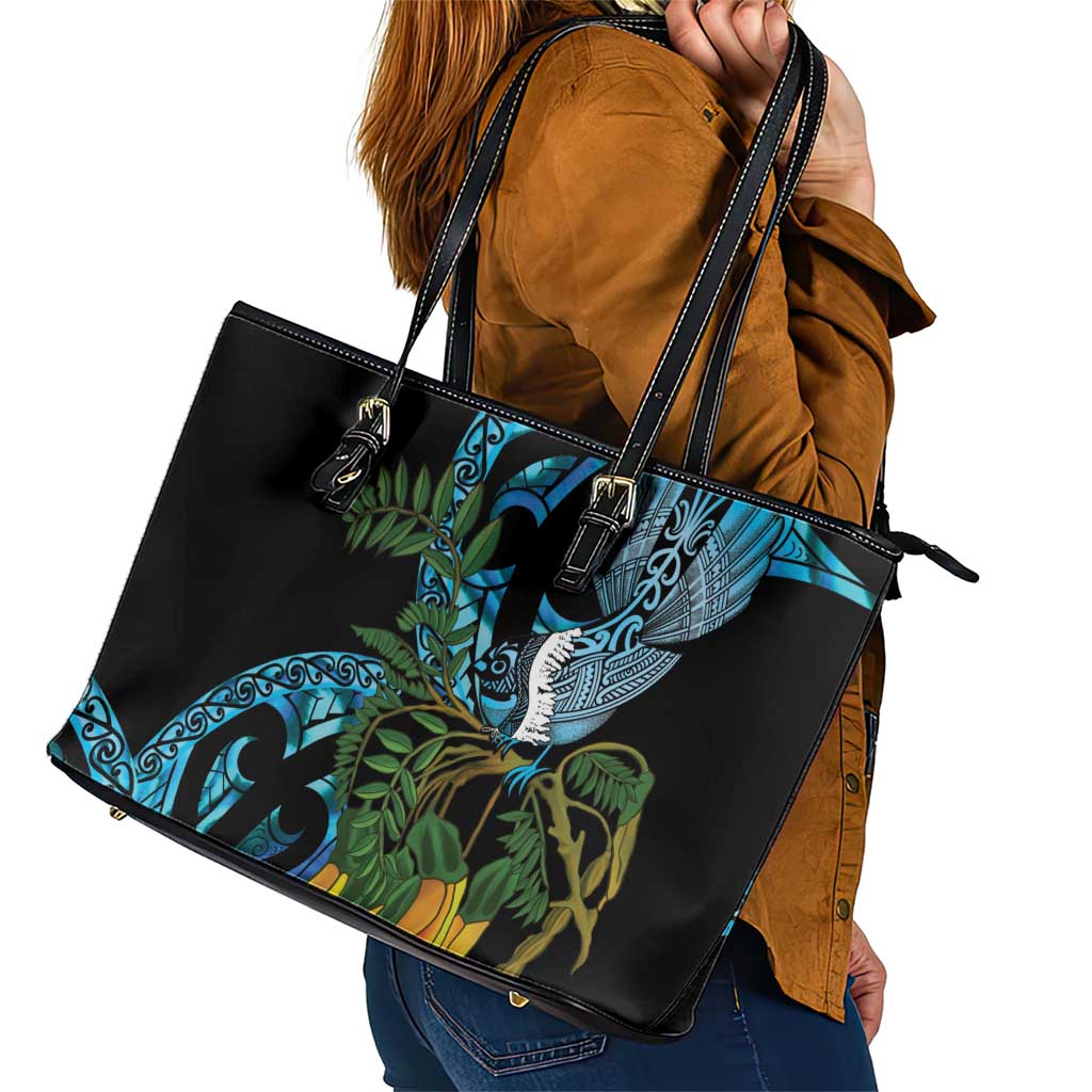 Turquoise New Zealand Kowhai And Piwakawaka Leather Tote Bag Maori Ngaru Paua Shell
