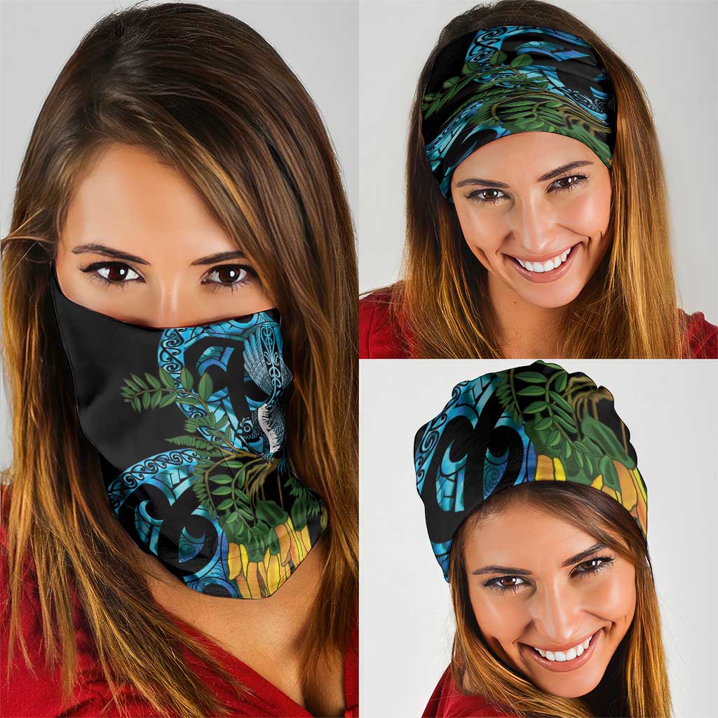 Turquoise New Zealand Kowhai And Piwakawaka Neck Gaiter Maori Ngaru Paua Shell - Polynesian Pride