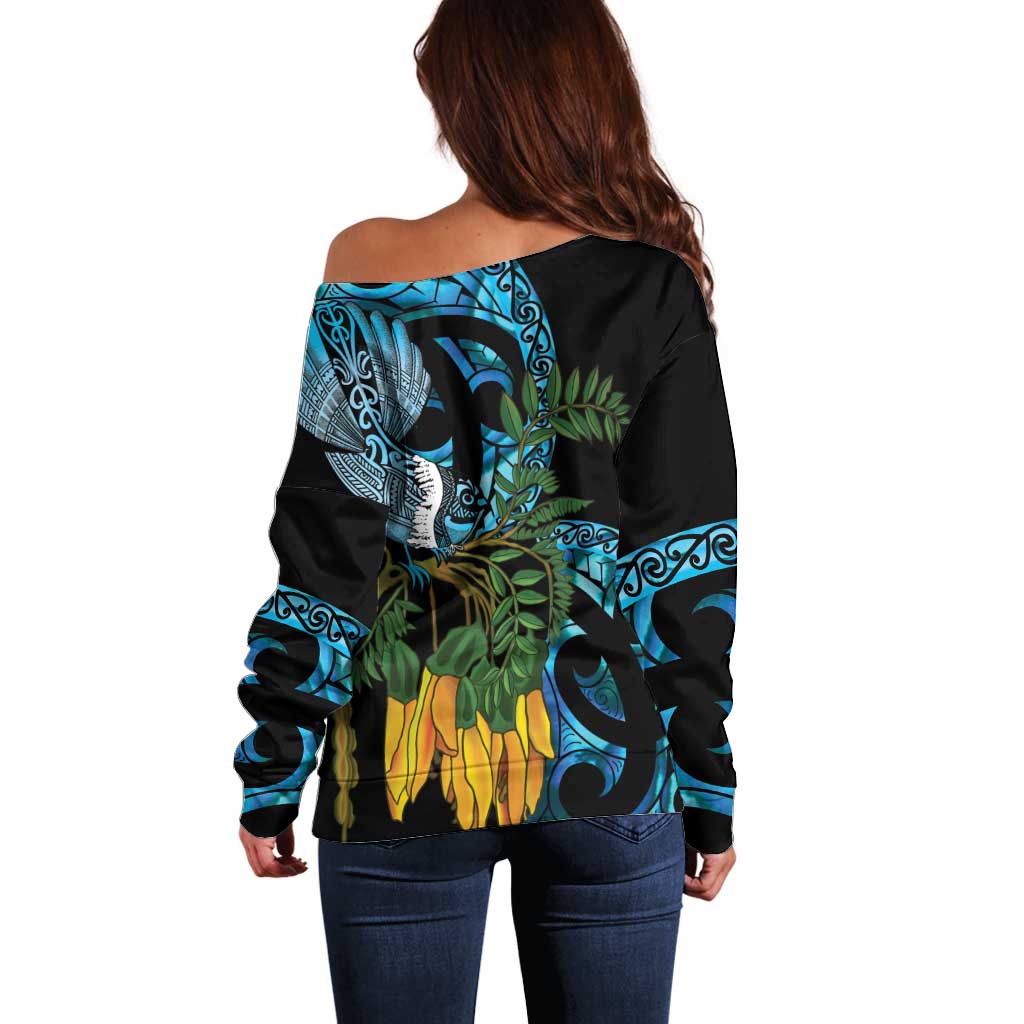 Turquoise New Zealand Kowhai And Piwakawaka Off Shoulder Sweater Maori Ngaru Paua Shell