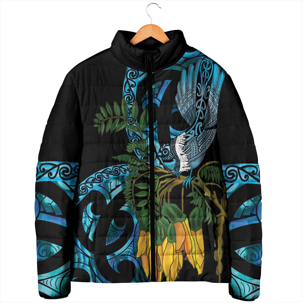 Turquoise New Zealand Kowhai And Piwakawaka Padded Jacket Maori Ngaru Paua Shell - Polynesian Pride