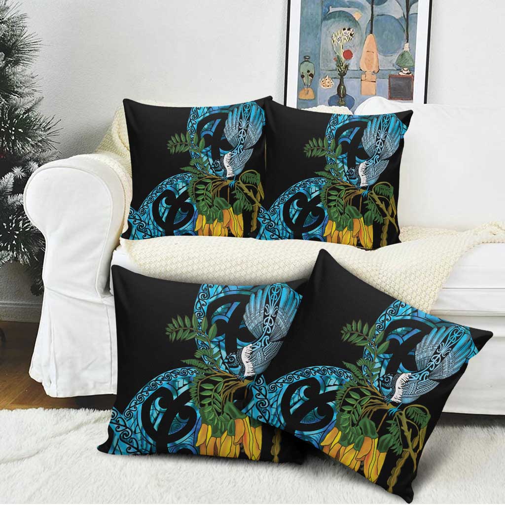 Turquoise New Zealand Kowhai And Piwakawaka Pillow Cover Maori Ngaru Paua Shell - Polynesian Pride