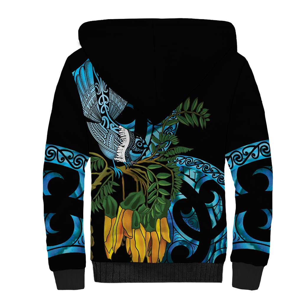 Turquoise New Zealand Kowhai And Piwakawaka Sherpa Hoodie Maori Ngaru Paua Shell