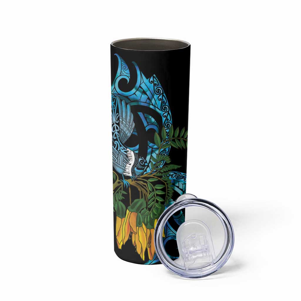 Turquoise New Zealand Kowhai And Piwakawaka Skinny Tumbler Maori Ngaru Paua Shell