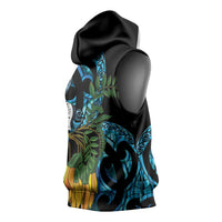 Turquoise New Zealand Kowhai And Piwakawaka Sleeveless Hoodie Maori Ngaru Paua Shell - Polynesian Pride