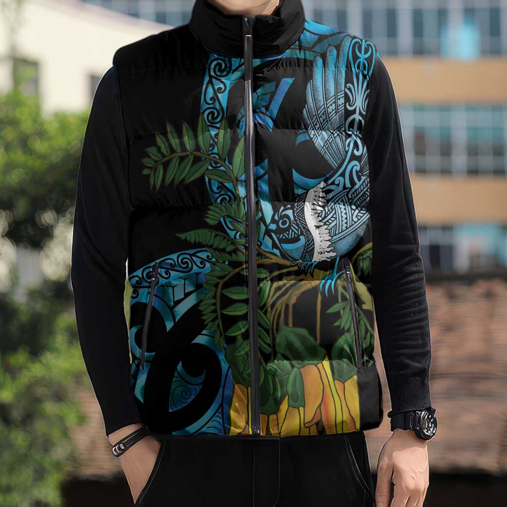 Turquoise New Zealand Kowhai And Piwakawaka Sleeveless Puffer Jacket Maori Ngaru Paua Shell - Polynesian Pride